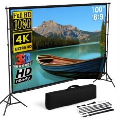 Ecran proiecție 100 inch cu trepied, Linomag®, proiecție față/spate, format 16:9, 4K HD, unghi larg 160°, ideal pentru interior și exterior, pliabil, montare rapidă, husă transport inclusă, alb