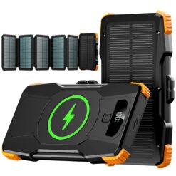 Baterie Externa Solara cu 6 Panouri Linomag®, Power Bank 10000 mAh, Incarcare Type C, USB, Micro USB, Wireless Magnetica, Lanterna Incorporata, Waterproof, Negru/Portocaliu