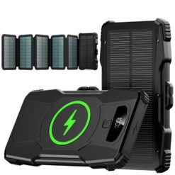 Baterie Externa Solara cu 6 Panouri Linomag®, Power Bank 10000 mAh, Incarcare Type C, USB, Micro USB, Wireless Magnetica, Lanterna Incorporata, Waterproof, Negru