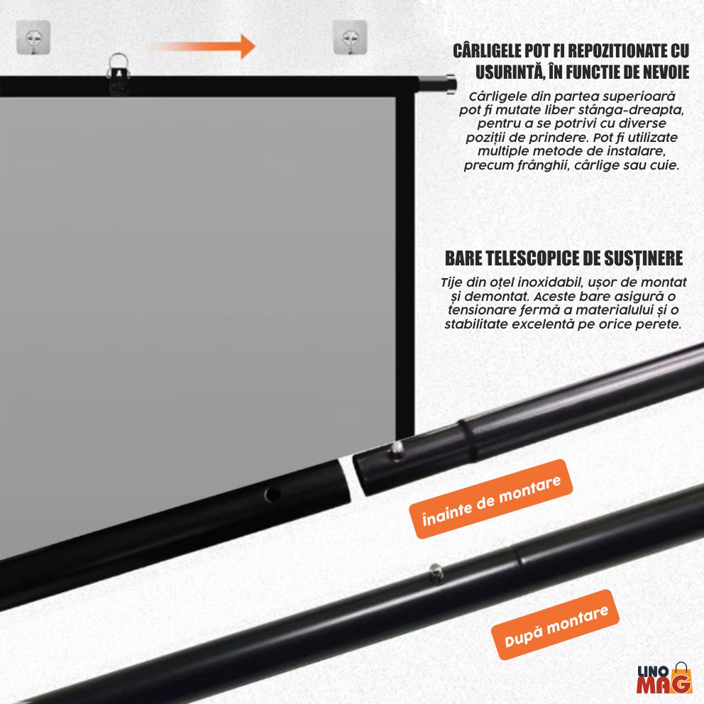 Ecran de proiecție anti-lumină Linomag®, montabil pe perete, 120 inch / 3.5m, pliabil, cu suport telescopic din oțel inoxidabil, format 16:9, 148x266cm, Gri - imagine 8
