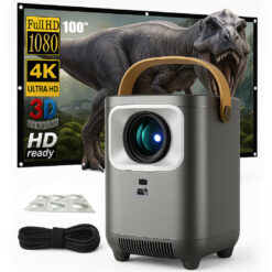 Set VideoProiector Smart Portabil 4K UHD + Ecran de Proiecție Anti-Lumină, Linomag®, WiFi, Bluetooth 5.0, Android TV, Boxe 5W, 100 inch, Proiecție Fata/Spate, Format 16:9