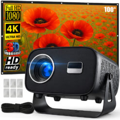 Set VideoProiector Smart Portabil + Ecran de Proiecție Anti-Lumină, Linomag®, Android 11.0, 4000 Lumeni, Airplay/Miracast, Suport 1080p, WiFi 2.4G/5G, Bluetooth 5.2, 100 inch, Proiecție Fata/Spate, Format 16:9