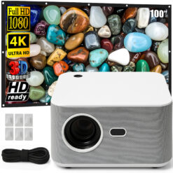 Set VideoProiector Smart Portabil + Ecran de Proiecție Anti-Lumină, Linomag®, 4K Full HD 1080P, 350 ANSI, Android 11, WiFi, Bluetooth, Difuzor Integrat, Telecomandă, 100 inch, Proiecție Fata/Spate, Format 16:9