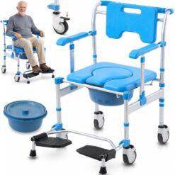 Scaun cu WC tip toaleta de camera cu rotile, Linomag®, Olita detasabila, Scaun de dus, Cotiere rabatabile, pentru bătrâni sau persoane cu mobilitate redusă, Impermeabil, Albastru