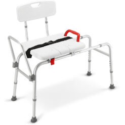 Scaun transfer cada sau dus cu sezut culisant si decupaj perineal, Linomag, Spătar, curea ajustabilă și mâner de siguranță, Reglabil pe înălțime, Inaltime maxima 65cm, Alb