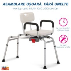 Alternative view of Scaun transfer cada sau dus, Linomag®, Glisant, Rotație 360°, Spătar, Brațe de sprijin captusite, Reglabil pe înălțime, Inaltime maxima 65cm, Alb mat