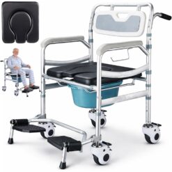 Scaun WC multifuncțional 5 in 1 tip toaleta de camera cu rotile, Linomag®, Olita detasabila, Scaun de dus, pentru bătrâni sau persoane cu mobilitate redusă, Impermeabil, Gri deschis / Negru