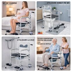 Alternative view of Scaun WC multifuncțional 5 in 1 tip toaleta de camera cu rotile, Linomag®, Olita detasabila, Scaun de dus, pentru bătrâni sau persoane cu mobilitate redusă, Impermeabil, Gri deschis / Negru