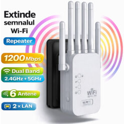 Amplificator Semnal Wi-Fi Dual Band 1200Mbps, Linomag®, Range Extender Retea Wireless, 6 Antene, 2.4/5GHz, 2×LAN, WPS, Compatibil cu Toate Routerele, Acoperire Mare, Alb