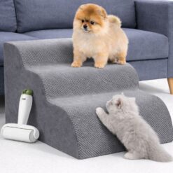 Scara pentru animale de companie, caini sau pisici, Linomag®, 3 trepte cu înclinare lină, rola pentru curatat, antiderapanta, husa detasabila, spuma de inalta densitate, 40×40×60cm, Gri