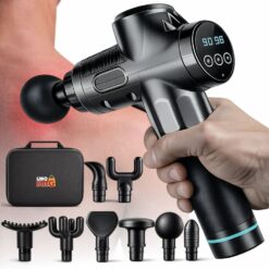Aparat pentru Masaj Profesional Tip Pistol Linomag®, 8 Capete de Schimb, 30 de Viteze, 2800rpm, 2000mAh, Autonomie 6h, Motor 30W Silentios,  Ecran Touch-Screen, Recuperare Musculara si Relaxare, Negru