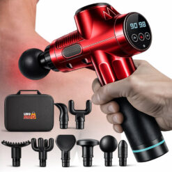 Aparat pentru Masaj Profesional Tip Pistol Linomag®, 8 Capete de Schimb, 30 de Viteze, 2800rpm, 2000mAh, Autonomie 6h, Motor 30W Silentios,  Ecran Touch-Screen, Recuperare Musculara si Relaxare, Rosu