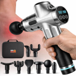 Aparat pentru Masaj Profesional Tip Pistol Linomag®, 8 Capete de Schimb, 30 de Viteze, 2800rpm, 2000mAh, Autonomie 6h, Motor 30W Silentios,  Ecran Touch-Screen, Recuperare Musculara si Relaxare, Argintiu