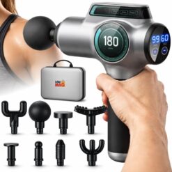 Aparat pentru Masaj Profesional Tip Pistol Linomag®, 8 Capete de Schimb, 99 de Viteze, 3200rpm, Baterie de lungă durată, Autonomie 6h, Motor Silentios, Ecran Touch-Screen, Recuperare Musculara si Relaxare, Silver