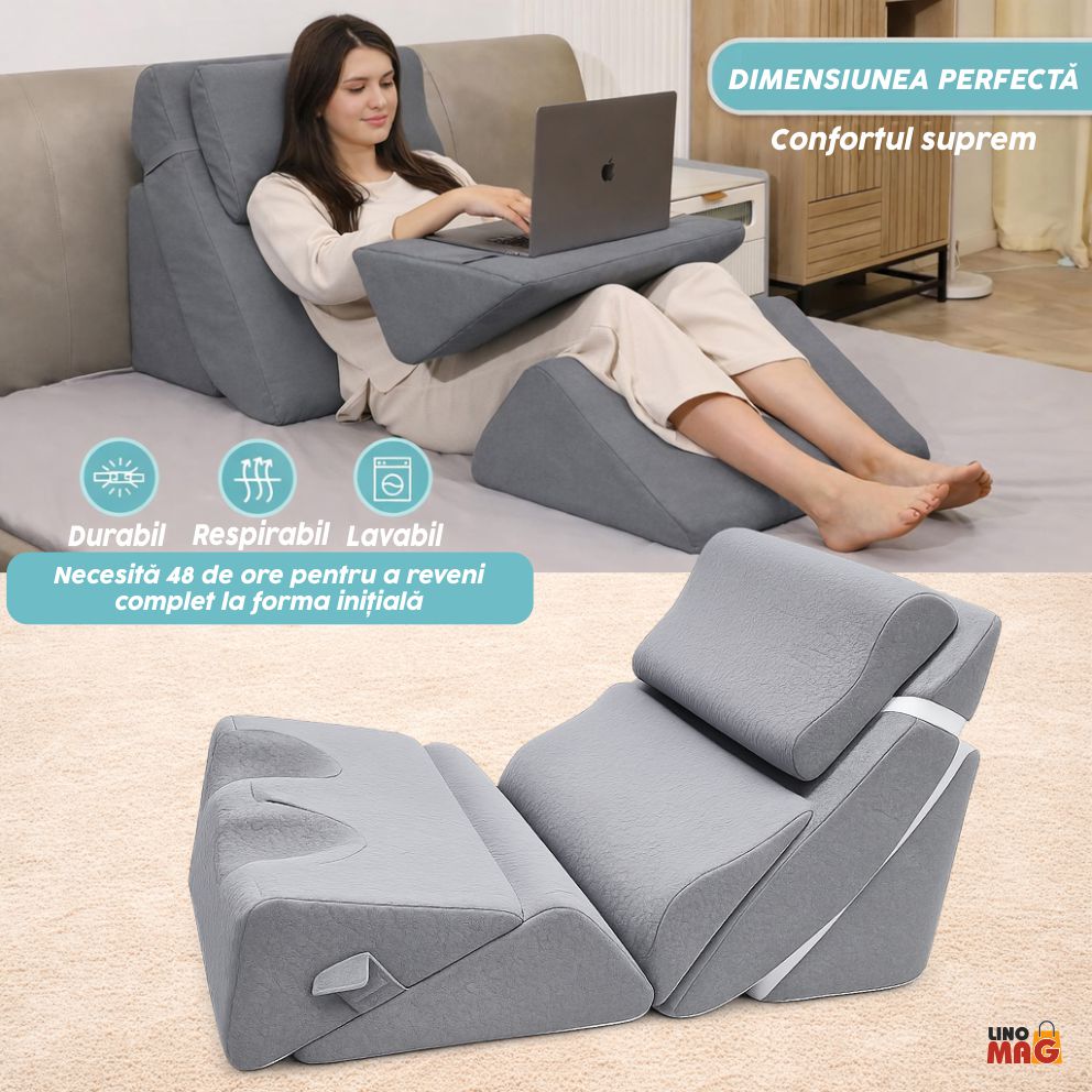 Set 6 Perne Ortopedice Reglabile tip Pat Ortopedic Linomag®, pentru Somn, Citit, Privit la TV, Recuperare Medicala, Reflux, Sforăit, Suport Spate, Gat si Picioare, Husa Detasabila si Lavabila, Gri - imagine 5