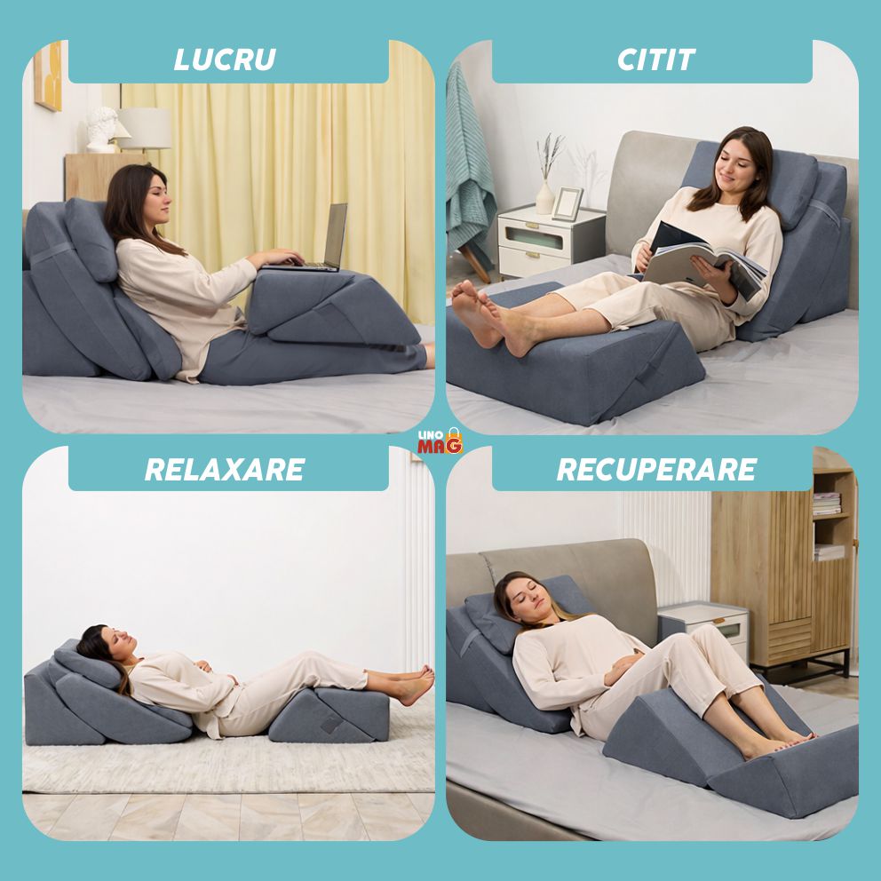 Set 6 Perne Ortopedice Reglabile tip Pat Ortopedic Linomag®, pentru Somn, Citit, Privit la TV, Recuperare Medicala, Reflux, Sforăit, Suport Spate, Gat si Picioare, Husa Detasabila si Lavabila, Gri - imagine 6