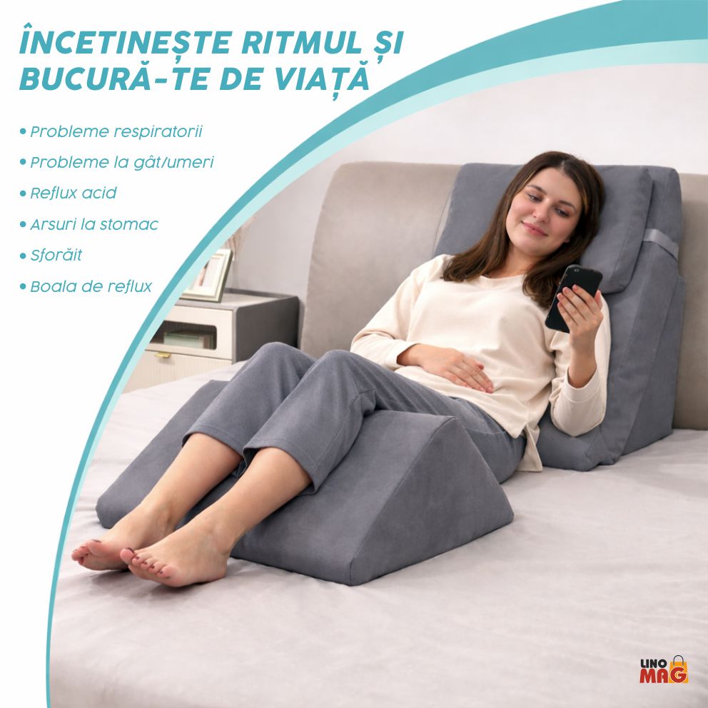Set 6 Perne Ortopedice Reglabile tip Pat Ortopedic Linomag®, pentru Somn, Citit, Privit la TV, Recuperare Medicala, Reflux, Sforăit, Suport Spate, Gat si Picioare, Husa Detasabila si Lavabila, Gri - imagine 8