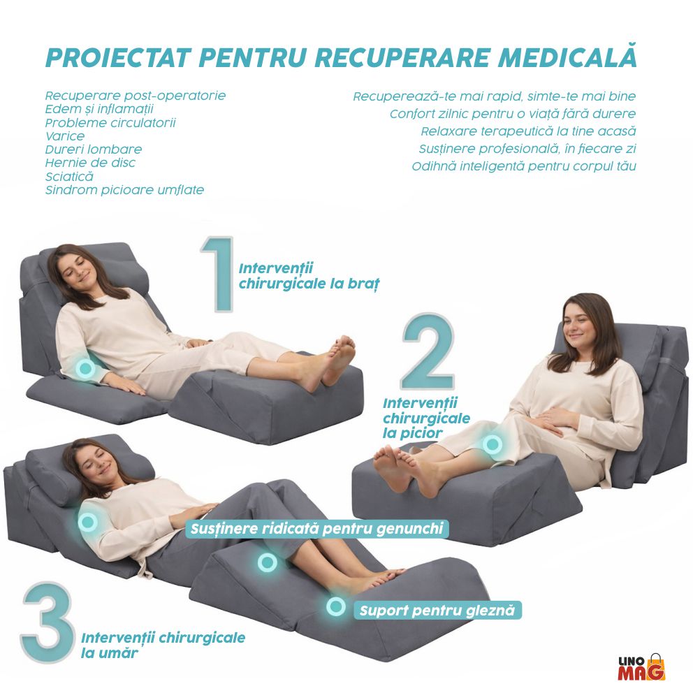Set 6 Perne Ortopedice Reglabile tip Pat Ortopedic Linomag®, pentru Somn, Citit, Privit la TV, Recuperare Medicala, Reflux, Sforăit, Suport Spate, Gat si Picioare, Husa Detasabila si Lavabila, Gri - imagine 9