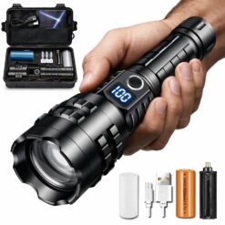 Lanterna LED profesionala cu zoom, Linomag®, Baterie 5000mAh, USB-C, 5 moduri iluminare, Impermeabila IP67, Display digital, Functie power bank, Negru