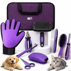 Set ingrijire caini si pisici 9 piese, Linomag®, Grooming complet, Perii, Manusa, Cleste unghii, Foarfeca, Pieptene, Periuta dinti, Mov