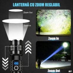 Alternative view of Lanterna LED profesionala cu zoom, Linomag®, Baterie 5000mAh, USB-C, 5 moduri iluminare, Impermeabila IP67, Display digital, Functie power bank, Negru