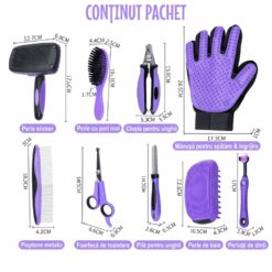 Alternative view of Set ingrijire caini si pisici 9 piese, Linomag®, Grooming complet, Perii, Manusa, Cleste unghii, Foarfeca, Pieptene, Periuta dinti, Mov
