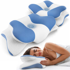 Set 2 Perne Ortopedice Cervicale pentru dormit Linomag®, Spuma cu Memorie, Husa lavabila, Suport pentru cap, gat, umeri si brate, Alb/Albastru pastel, 40 x 65 x 14.5 cm