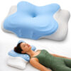 Perna Ortopedica Cervicala pentru dormit Linomag®, Spuma cu Memorie, Suport Gat, Umeri si Brate, Husa Lavabila, pentru Dormit pe Lateral și pe Spate, Alb/Albastru deschis, 62 x 37 x 9-14 cm