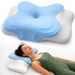 Perna Ortopedica Cervicala pentru dormit Linomag®, Spuma cu Memorie, Suport Gat, Umeri si Brate, Husa Lavabila, pentru Dormit pe Lateral și pe Spate, Alb/Albastru deschis, 62 x 37 x 9-14 cm