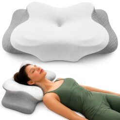 Perna Ortopedica Cervicala pentru dormit Linomag®, Spuma cu Memorie, Suport Gat, Umeri si Brate, Husa Lavabila, pentru Dormit pe Lateral și pe Spate, Gri/Alb, 62 x 37 x 9-14 cm