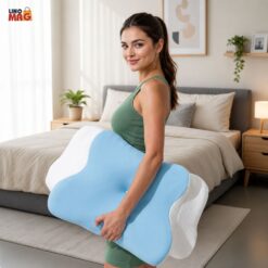 Alternative view of Perna Ortopedica Cervicala pentru dormit Linomag®, Spuma cu Memorie, Suport Gat, Umeri si Brate, Husa Lavabila, pentru Dormit pe Lateral și pe Spate, Alb/Albastru deschis, 62 x 37 x 9-14 cm