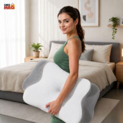 Alternative view of Perna Ortopedica Cervicala pentru dormit Linomag®, Spuma cu Memorie, Suport Gat, Umeri si Brate, Husa Lavabila, pentru Dormit pe Lateral și pe Spate, Gri/Alb, 62 x 37 x 9-14 cm