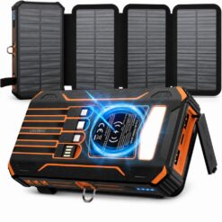 Baterie externa solara 20000mAh Linomag®, Incarcare rapida 3A, Incarcare wireless 15W, 4 panouri solare pliabile, 4 cabluri integrate, 3 porturi USB, Lanterna LED, Portocaliu