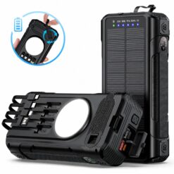 Baterie externă solară 40000mAh Linomag®, 4 porturi USB, 4 cabluri integrate, 4 metode de incarcare, Lanternă LED, Busolă și Termometru, Negru