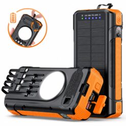 Baterie externă solară 40000mAh Linomag®, 4 porturi USB, 4 cabluri integrate, 4 metode de incarcare, Lanternă LED, Busolă și Termometru, Portocaliu