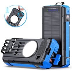 Baterie externă solară 40000mAh Linomag®, 4 porturi USB, 4 cabluri integrate, 4 metode de incarcare, Lanternă LED, Busolă și Termometru, Albastru
