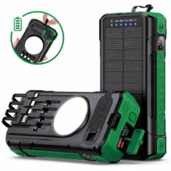 Baterie externă solară 40000mAh Linomag®, 4 porturi USB, 4 cabluri integrate, 4 metode de incarcare, Lanternă LED, Busolă și Termometru, Verde