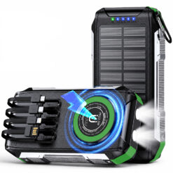 Baterie externă solară 30000mAh Linomag®, Încărcare rapidă PD 22.5W, Încărcare wireless 15W, Panou solar, 4 cabluri integrate, 3 porturi, Lanternă LED dublă, Verde