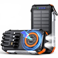 Baterie externă solară 30000mAh Linomag®, Încărcare rapidă PD 22.5W, Încărcare wireless 15W, Panou solar, 4 cabluri integrate, 3 porturi, Lanternă LED dublă, Portocaliu
