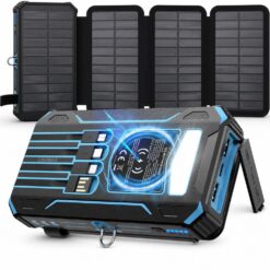 Baterie externa solara 20000mAh Linomag®, Incarcare rapida 3A, Incarcare wireless 15W, 4 panouri solare pliabile, 4 cabluri integrate, 3 porturi USB, Lanterna LED, Albastru