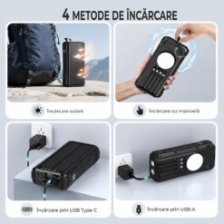 Alternative view of Baterie externă solară 40000mAh Linomag®, 4 porturi USB, 4 cabluri integrate, 4 metode de incarcare, Lanternă LED, Busolă și Termometru, Negru