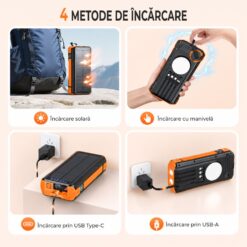Alternative view of Baterie externă solară 40000mAh Linomag®, 4 porturi USB, 4 cabluri integrate, 4 metode de incarcare, Lanternă LED, Busolă și Termometru, Portocaliu