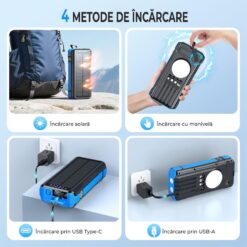 Alternative view of Baterie externă solară 40000mAh Linomag®, 4 porturi USB, 4 cabluri integrate, 4 metode de incarcare, Lanternă LED, Busolă și Termometru, Albastru