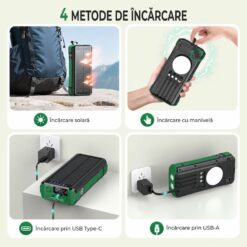 Alternative view of Baterie externă solară 40000mAh Linomag®, 4 porturi USB, 4 cabluri integrate, 4 metode de incarcare, Lanternă LED, Busolă și Termometru, Verde