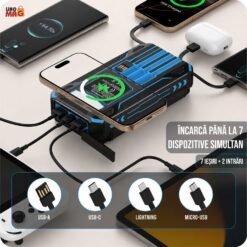 Alternative view of Baterie externa solara 20000mAh Linomag®, Incarcare rapida 3A, Incarcare wireless 15W, 4 panouri solare pliabile, 4 cabluri integrate, 3 porturi USB, Lanterna LED, Albastru