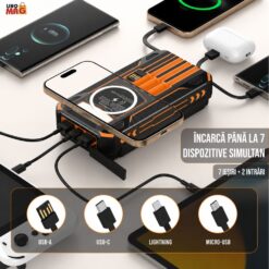 Alternative view of Baterie externa solara 20000mAh Linomag®, Incarcare rapida 3A, Incarcare wireless 15W, 4 panouri solare pliabile, 4 cabluri integrate, 3 porturi USB, Lanterna LED, Portocaliu
