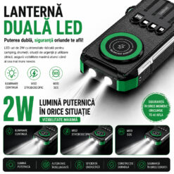 Alternative view of Baterie externă solară 30000mAh Linomag®, Încărcare rapidă PD 22.5W, Încărcare wireless 15W, Panou solar, 4 cabluri integrate, 3 porturi, Lanternă LED dublă, Verde