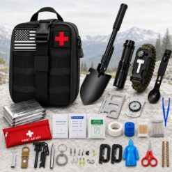 Kit complet de supraviețuire Linomag®, 30 Tipuri de accesorii esențiale, Trusă camping și urgență, Lopată tactică pliabilă, Lanternă LED, Trusă de prim ajutor, Brățară din paracord, Busolă, Amnar, Pătură termică, Negru