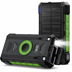 Baterie externa solara 20000mAh Linomag®, Incarcare rapida USB-C 35W, Incarcare wireless 15W, 2 cabluri integrate, 3 Porturi USB, Panou solar, Lanterna LED, Busola si Termometru, Verde