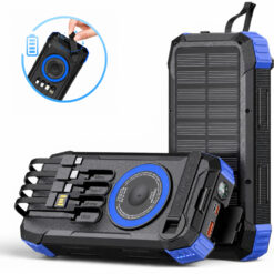 Baterie externa solara 20000mAh Linomag®, Incarcare rapida PD 22.5W, Incarcare wireless 5W, 5 metode de incarcare, 4 cabluri integrate, 3 porturi, Manivela 360°, Lanterna LED, Busola, Albastru